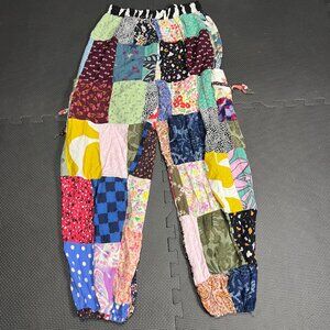 Patchwork Boho Harem Pants With Elastic Waist & Drawstring Multicolor Floral Pri